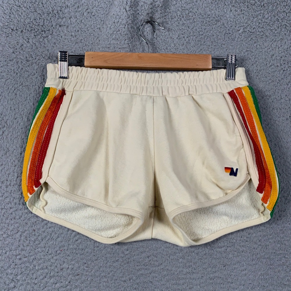 Aviator Nation Classic Sweat Shorts Women's Medium M Cream Rainbow Stripe Fleece